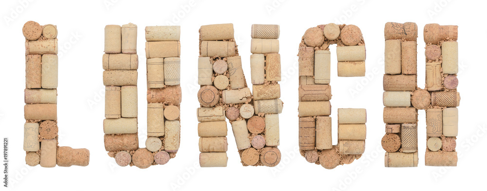 Word Lunch made of wine corks Isolated on white background Word Lunch made of wine corks Isolated on white background