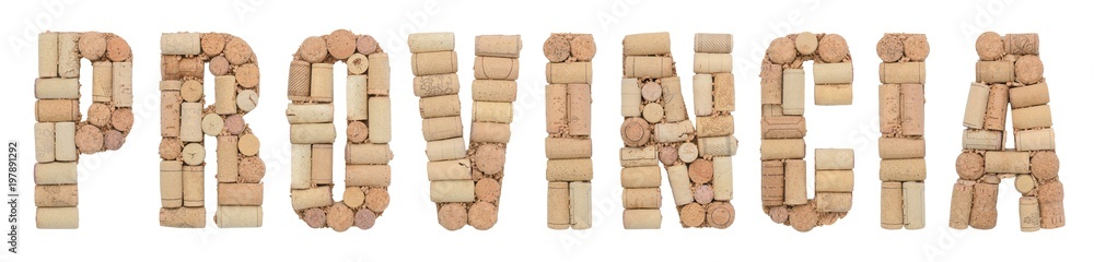 Word Province in italian Provincia made of wine corks isolated on white