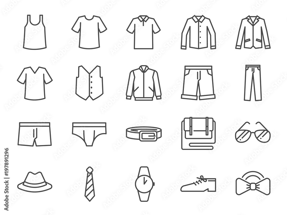 Men clothes icon set. Included the icons as shorts, workwear, fashion, jean, shirt, pants, accessories and more.