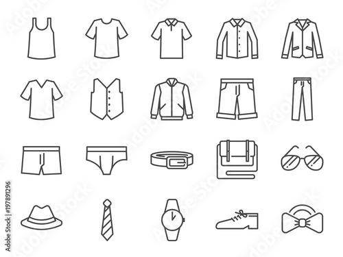 Men clothes icon set. Included the icons as shorts  workwear  fashion  jean  shirt  pants  accessories and more.