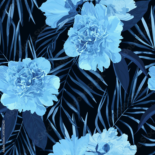 Floral print with peonies on dark background. Seamless pattern. Vector illust...