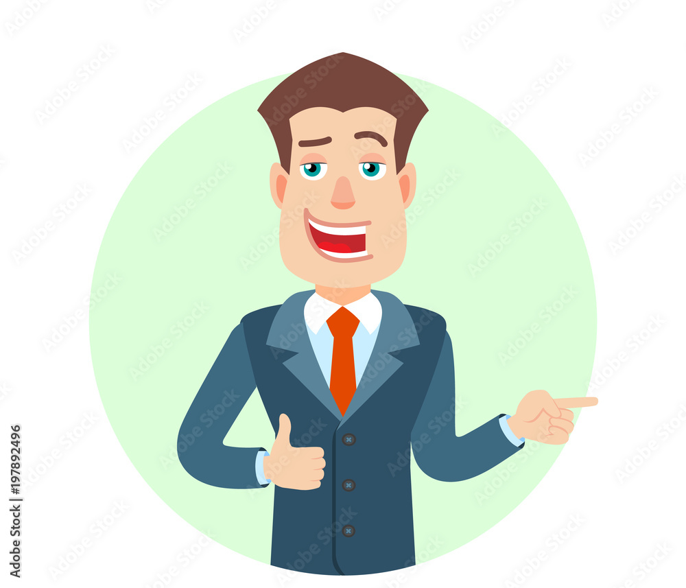 Businessman showing thumb up and pointing something beside of him