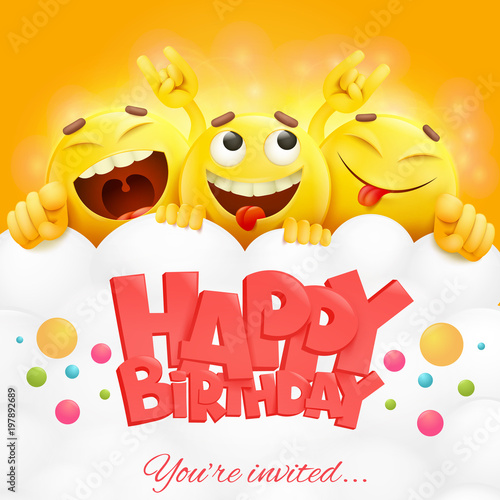 Wall Mural Smiley yellow faces emoji characters. Happy birthday card.