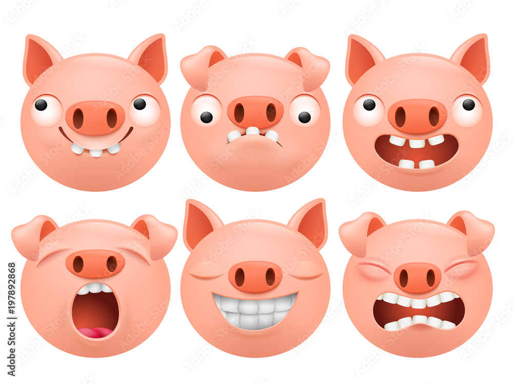 Set of cartoon emoji pig character icons Set of cartoon emoji pig character icons