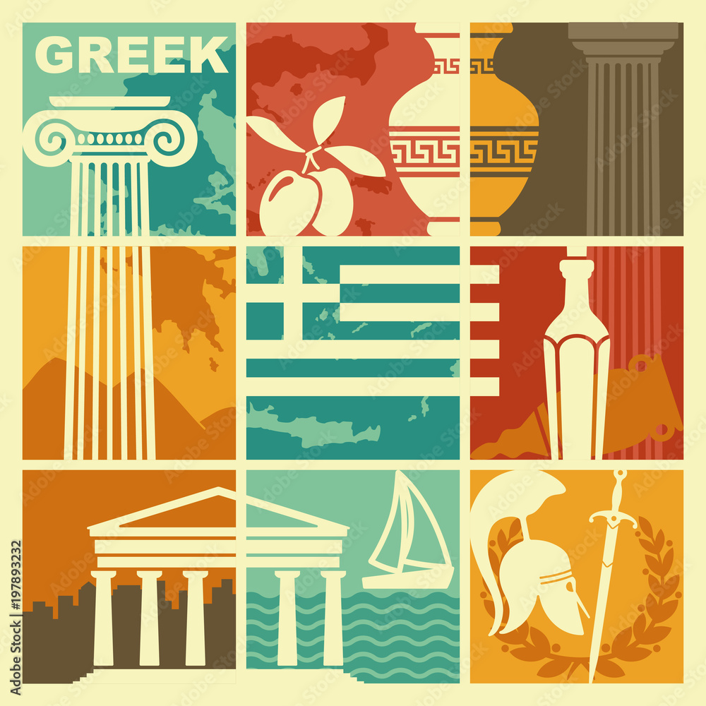 Fototapeta premium Set of vector images on the theme of Greece