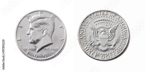 american half dollar coin, Fifty cent, 50 c, USA 1/2 dollar isolate on white background. John F Kennedy on silver coin realistic photo image
