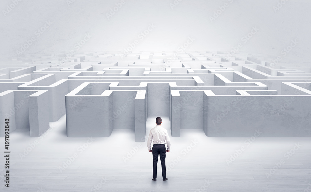 Businessman trying to decide which entrance to choose at the maze
Businessman trying to decide which entrance to choose at the maze