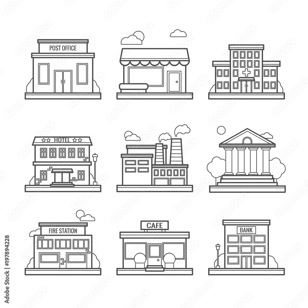 Collection of vector line city buildings for web design and illustration