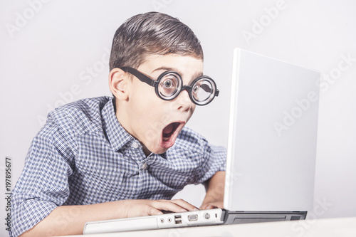 E-learning concept with funny computer geek