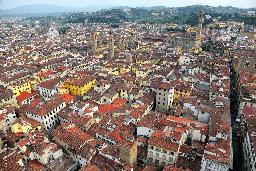 Aerial view of Florence old town from top of Florence Cathedral ( Cathedral of Saint Mary of the Flower )
Panoramic Aerial view from the top of Florence cathedral in Florence Italy ~  