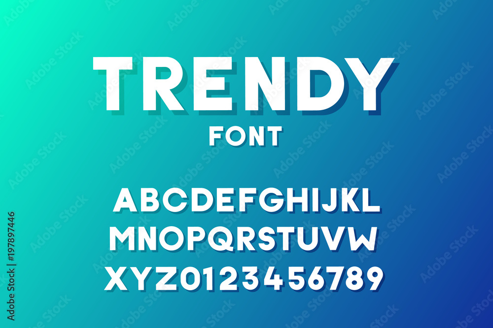 Trendy modern geometric font with shadow on a nice vivid blue gradient background. Vector typography design
