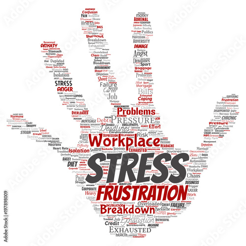Vector conceptual mental stress at workplace or job pressure human hand print stamp word cloud isolated background. Collage of health, work, depression problem, exhaustion, breakdown, deadlines risk