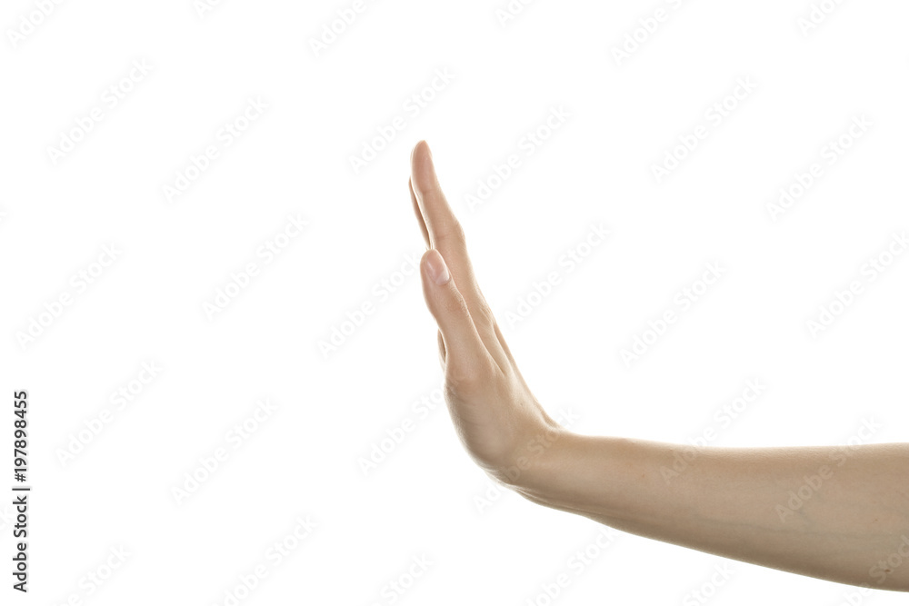 Woman palm shows the stop sign. Isolated. Woman palm shows the stop sign. Isolated.