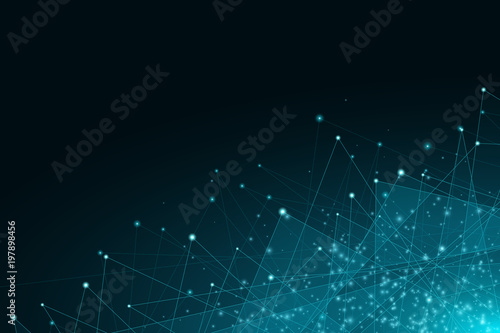 Abstract geometric background. Blue glowing connected triangles on a dark background. Plexus web. Flying glowing lights. Big data. Modern polygonal design. Vector illustration
