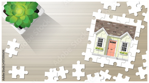 Dream house concept with puzzle house on wooden board background , vector , illustration