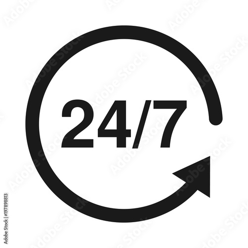 24/7 Service open 24h hours a day and 7 days a week. Flat isolated vector illustration in black on a white background.