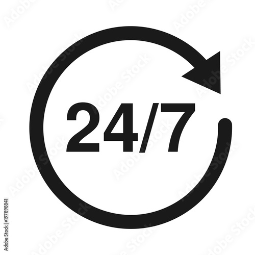 24/7 Service open 24h hours a day and 7 days a week. Flat isolated vector illustration in black on a white background.