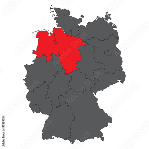 Lower Saxony red on gray Germany map vector