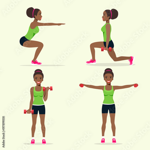 Young sportswoman afro american woman in sportwear is engaged in sports. Set isolated. Vector flat style illustration.