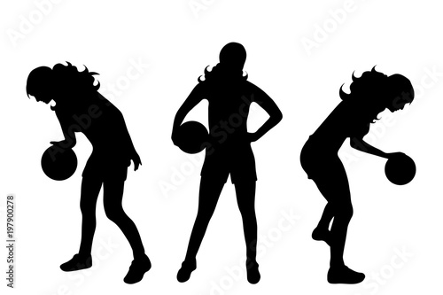 Vector silhouette of woman who play basketball on white background.