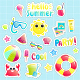 Hello summer. Set of cute offshore objects. Pretty sun and crab and watermelon and beach ball and bucket