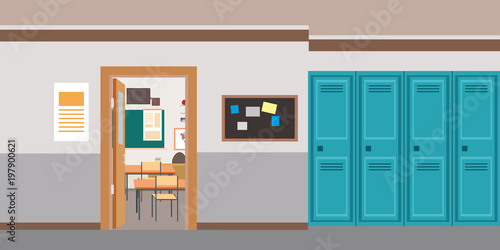 Cartoon empty school interior,open door in classroom