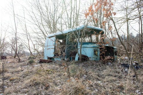 Old destroyed bus among trees on a calm day © Adga