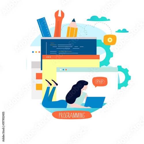 Coding, programming, website and application development flat vector illustration design for mobile and web graphics