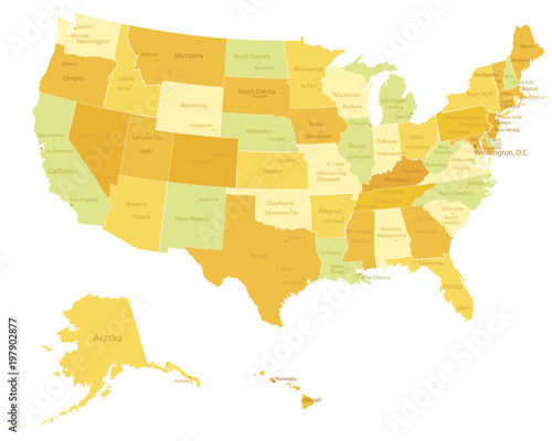 Highly detailed political USA map with names of states and cities