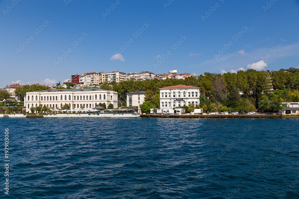 Istanbul, Turkey. On the left - Four Seasons Hotel Bosphorus - the former Vizier palace of Atik Pasha (XIX century) on the shores of the Bosphorus Strait
