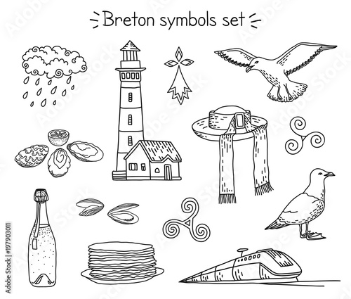 Vector breton elements: lighthouse, seagulls, traditional hut, train, cidre and crepes, seafood and rainy cloud, triskele and hermine.