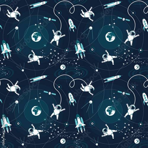 Space orbit spaceships cosmos astronaut spaceman characters exploring outer space seamless abstract background cartoon pattern for wallpaper, textile, prints. Flat line design. Vector illustration.