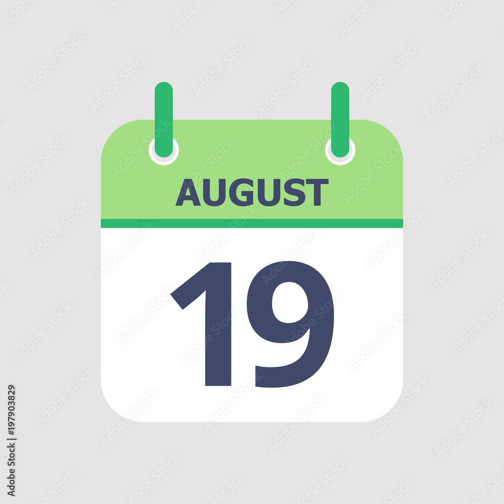Flat icon calendar 19th of August isolated on gray background. Vector illustration. Flat icon calendar 19th of August isolated on gray background. Vector illustration.