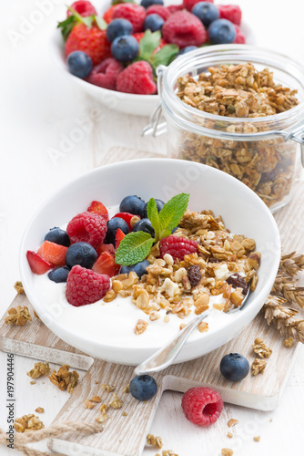 healthy breakfast with natural yogurt, muesli and berries, vertical