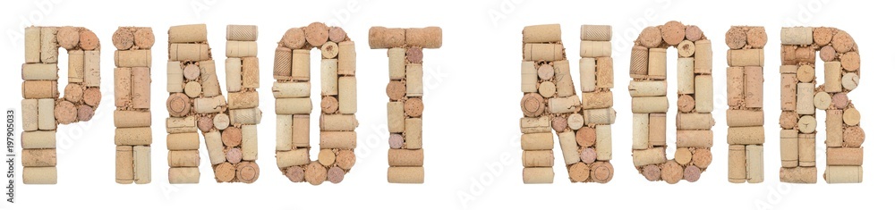 Grape variety Pinot noir made of wine corks Isolated on white background