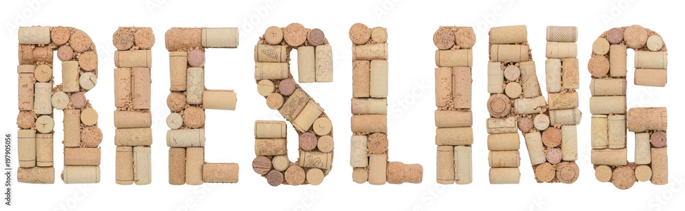 Grape variety Riesling made of wine corks Isolated on white background