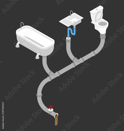 Sewerage system. Tapping water supply. Toilet and bath. Sink Isometric Style