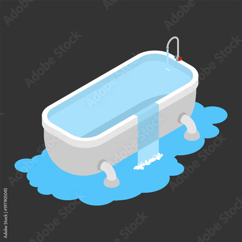 Bath clogged. Leakage canalization. Water on floor. Isometric style vector