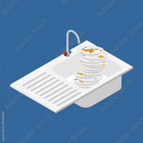 Kitchen sink and lot of dirty dishes. Isometric style vector illustration