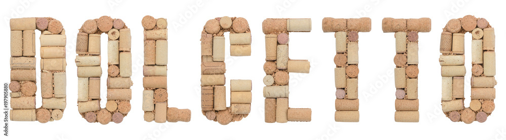 Grape variety Dolcetto made of wine corks Isolated on white background