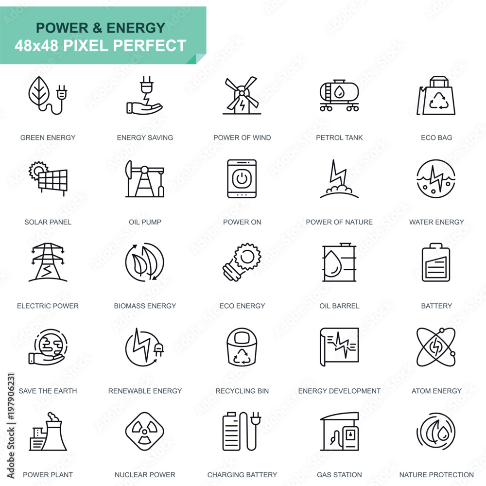Simple Set Power Industry and Energy Line Icons for Website and Mobile Apps. Contains such Icons as Solar Panel, Eco Energy, Power Plant. 48x48 Pixel Perfect. Editable Stroke. Vector illustration.