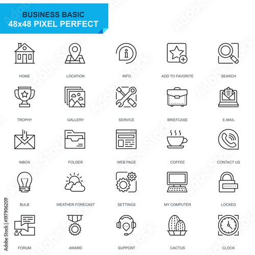 Simple Set Basic Line Icons for Website and Mobile Apps. Contains such Icons as Location, Briefcase, Lamp, Support, Business, Award. 48x48 Pixel Perfect. Editable Stroke. Vector illustration.