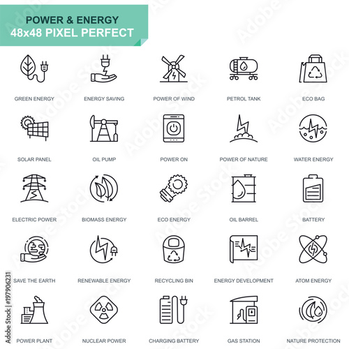 Simple Set Power Industry and Energy Line Icons for Website and Mobile Apps. Contains such Icons as Solar Panel, Eco Energy, Power Plant. 48x48 Pixel Perfect. Editable Stroke. Vector illustration.