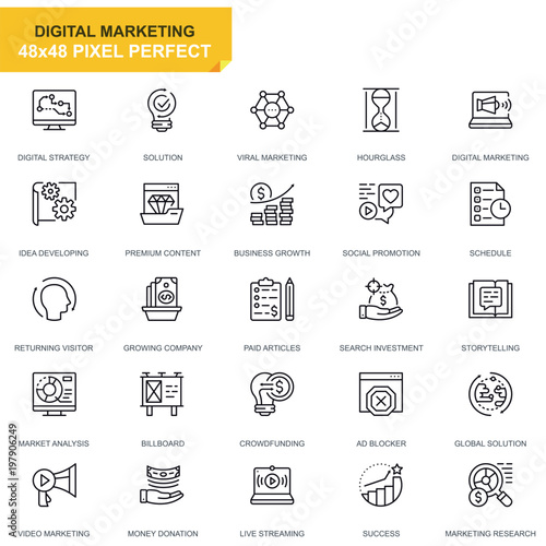 Simple Set Business and Marketing Line Icons for Website and Mobile Apps. Contains such Icons as Digital Strategy, Global Solution, Market. 48x48 Pixel Perfect. Editable Stroke. Vector illustration.