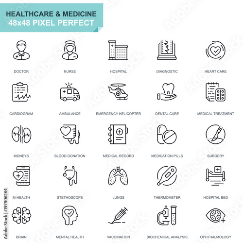 Simple Set Healthcare and Medicine Line Icons for Website and Mobile Apps. Contains such Icons as Doctor, Hospital, Medical Equipment. 48x48 Pixel Perfect. Editable Stroke. Vector illustration.