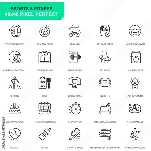 Simple Set Sport and Fitness Line Icons for Website and Mobile Apps. Contains such Icons as Fit Body, Swimming, Fitness App, Supplements. 48x48 Pixel Perfect. Editable Stroke. Vector illustration.