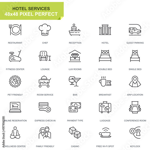 Simple Set Hotel Service Line Icons for Website and Mobile Apps. Contains such Icons as Restaurant, Room Services, Reception. 48x48 Pixel Perfect. Editable Stroke. Vector illustration.