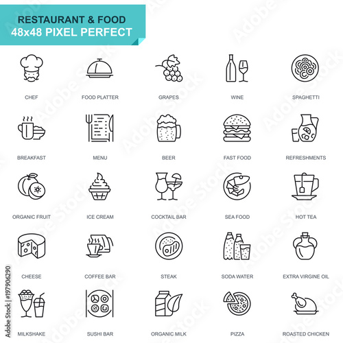 Simple Set Restaurant and Food Line Icons for Website and Mobile Apps. Contains such Icons as Fast Food, Menu, Organic Fruit, Coffee Bar. 48x48 Pixel Perfect. Editable Stroke. Vector illustration.