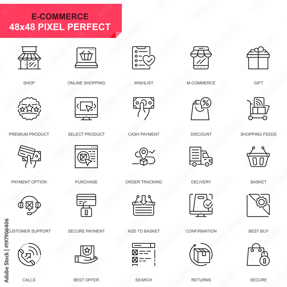 Simple Set E-Commerce and Shopping Line Icons for Website and Mobile Apps. Contains such Icons as Delivery, Payment, Basket, Customer, Shop. 48x48 Pixel Perfect. Editable Stroke. Vector illustration. Simple Set E-Commerce and Shopping Line Icons for Website and Mobile Apps. Contains such Icons as Delivery, Payment, Basket, Customer, Shop. 48x48 Pixel Perfect. Editable Stroke. Vector illustration.
