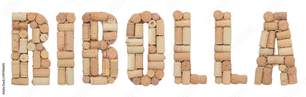 Grape variety Ribolla made of wine corks Isolated on white background